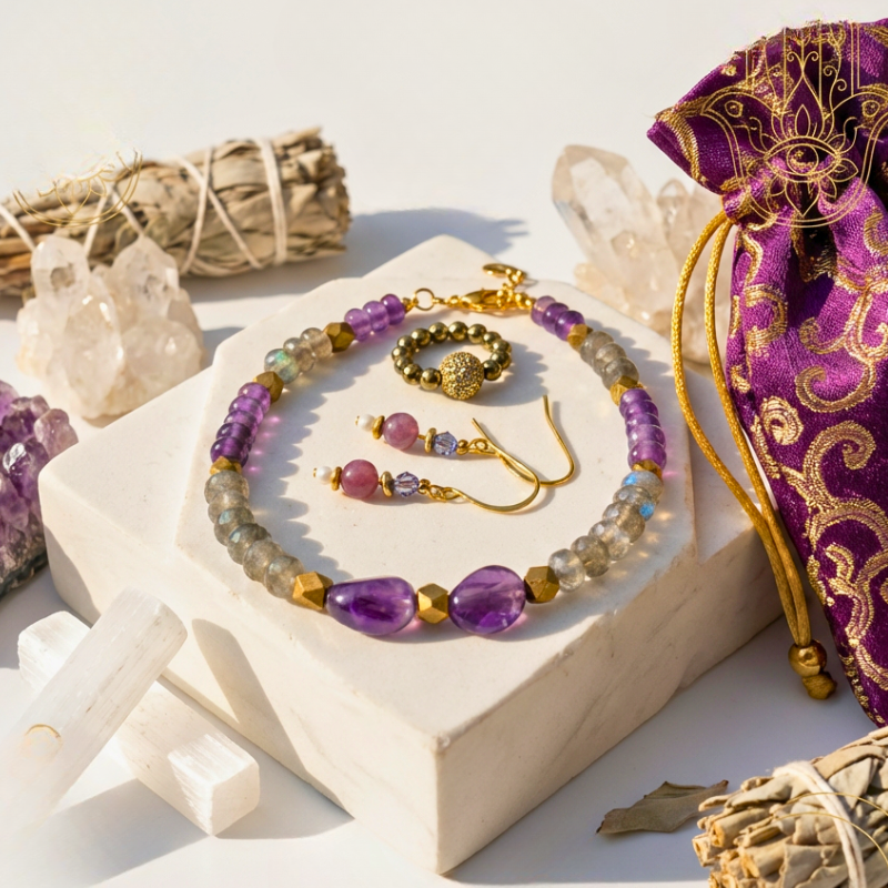 third eye chakra crystal jewelry collection — amethyst, labradorite and lapis