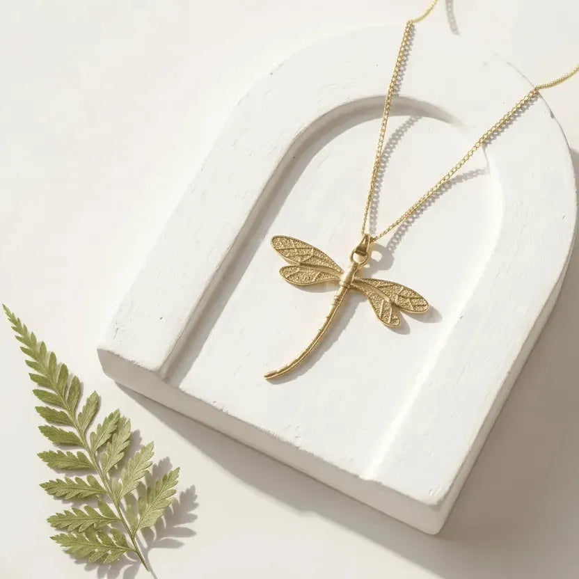 Gold dragonfly medallion pendant necklace — spirit animal jewelry for transformation