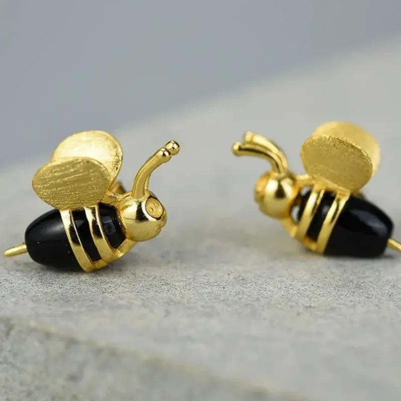 Gold Sterling Silver Bee and Honey Stud Earrings