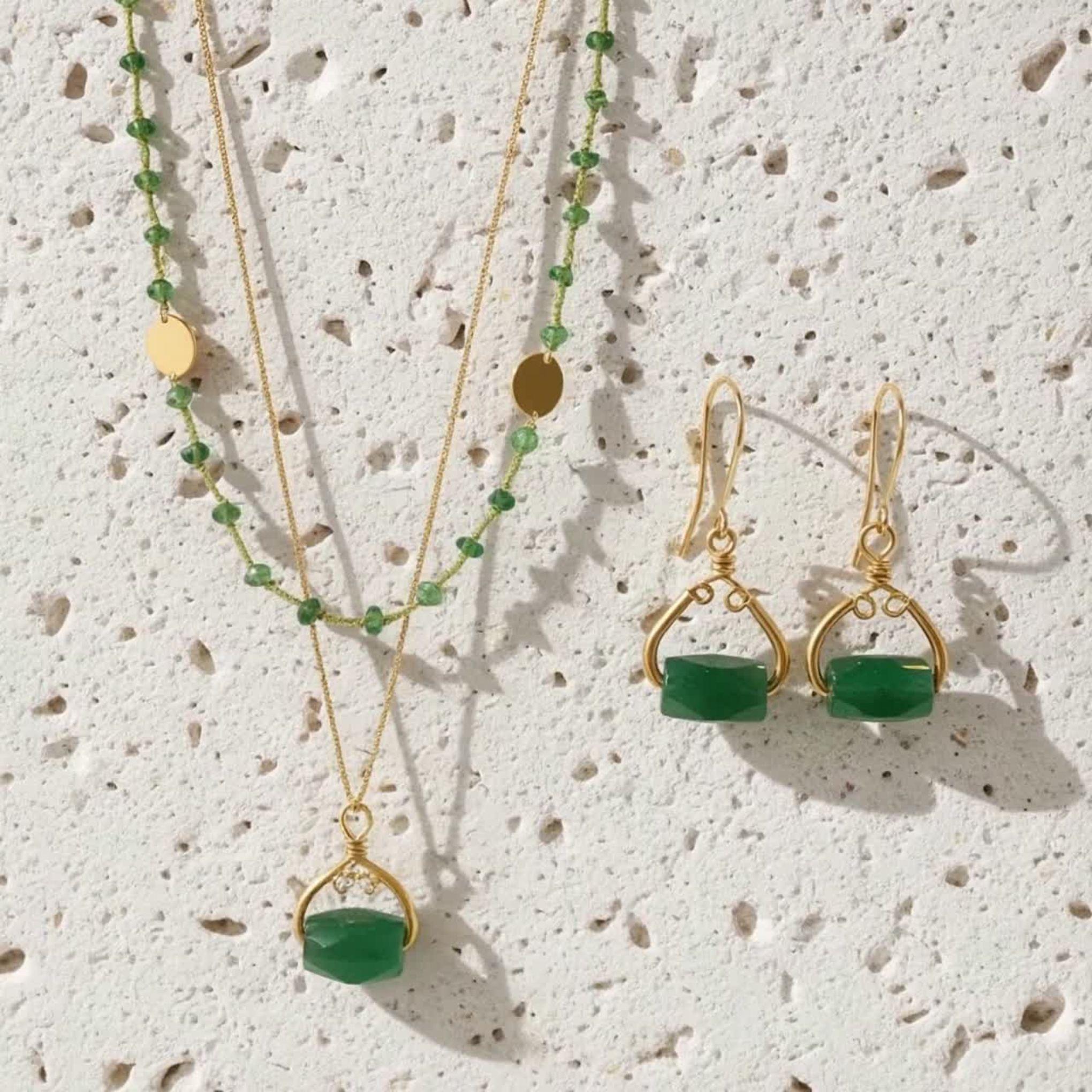 Green agate necklace and earrings set in gold, the original designs worn on Bones and The Vampire Diaries, handcrafted by Andrea of Mystic Soul Jewelry.