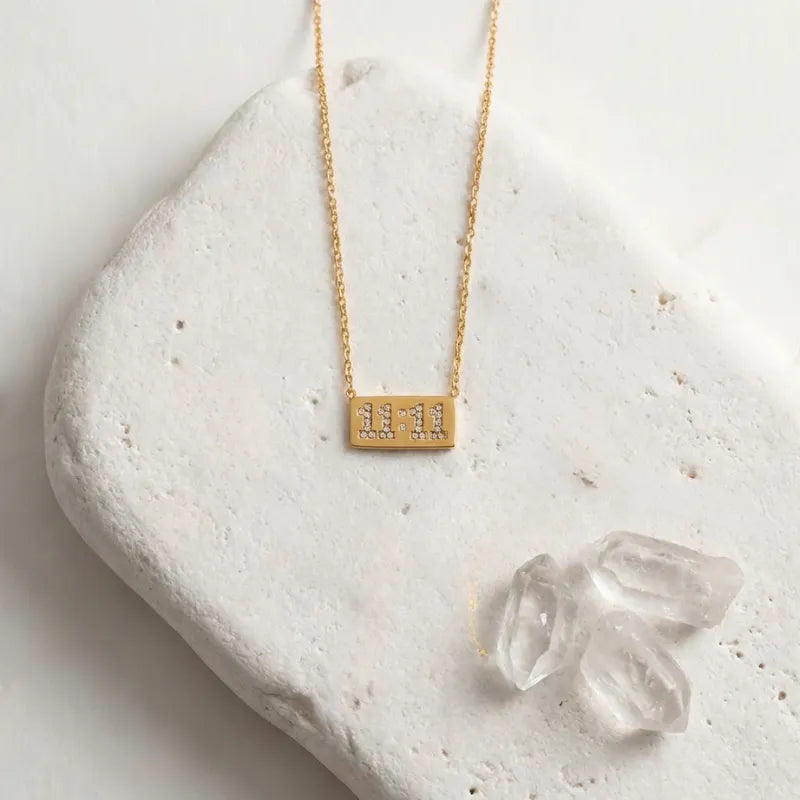 Gold crystal 11:11 angel number rectangle pendant necklaces — stainless steel on white background