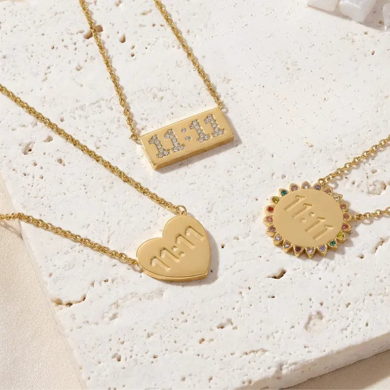 1111 Gold angel number round crystal pendant necklaces — stainless steel,  on white background