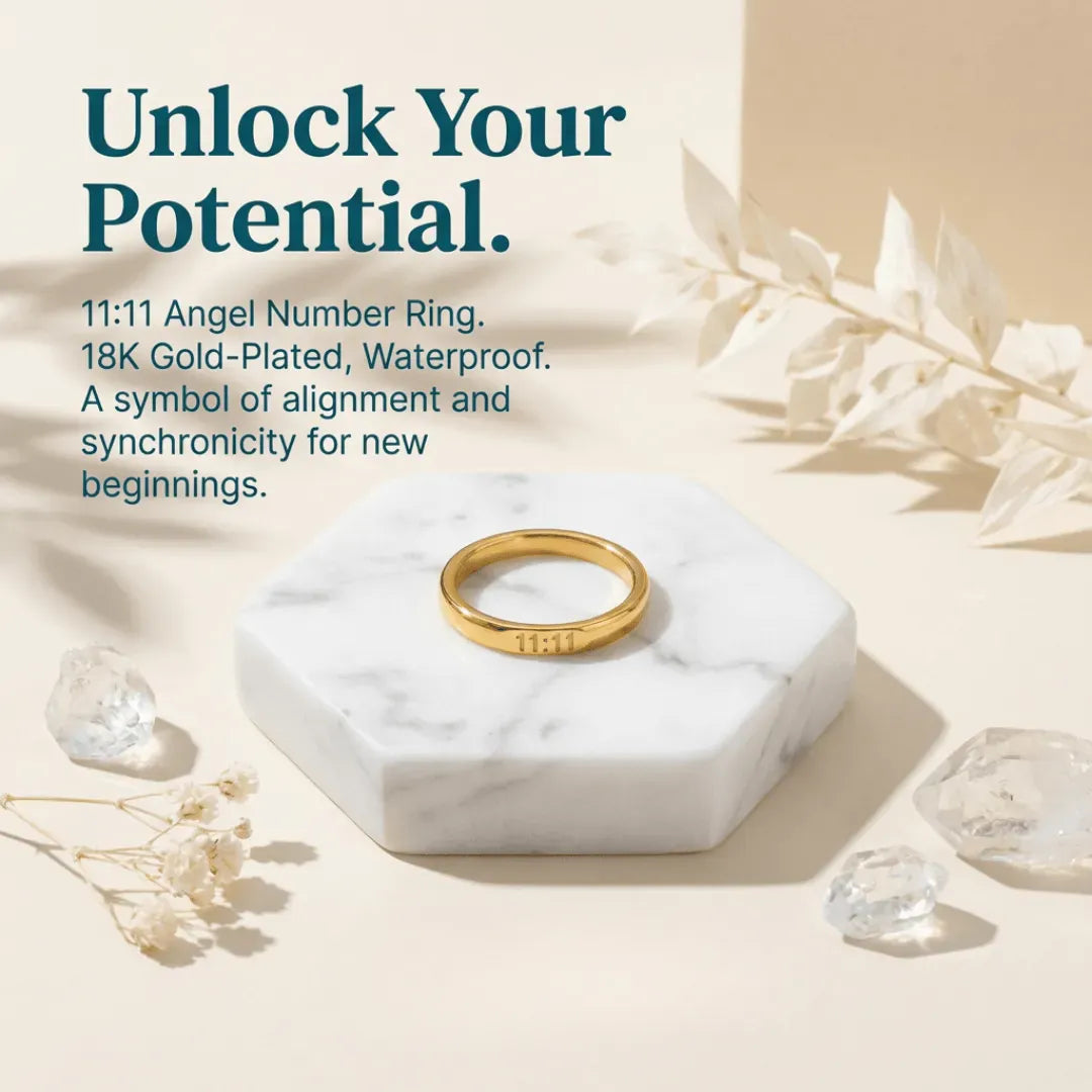 Gold ring on a marble stand with text about '11:11 Angel Number Ring' on a light background.