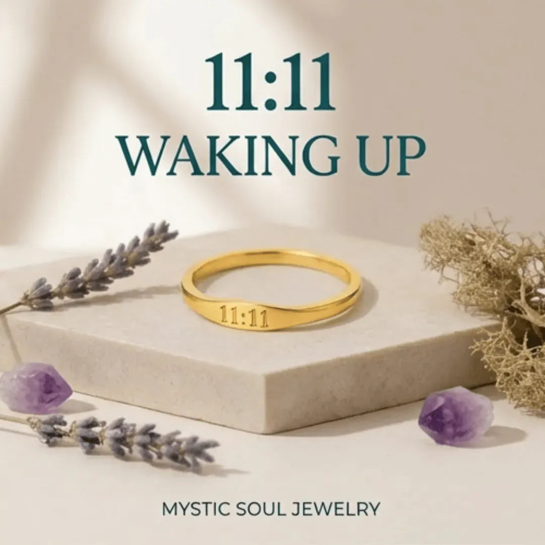 Gold ring with '11:11' engraving on a beige surface with lavender and amethyst stones, branded as Mystic Soul Jewelry.