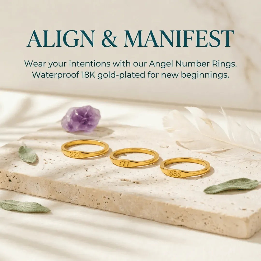 Gold ring with '333' on a stone surface, text 'ALIGNMENT & HARMONY. 333 RING.' above.