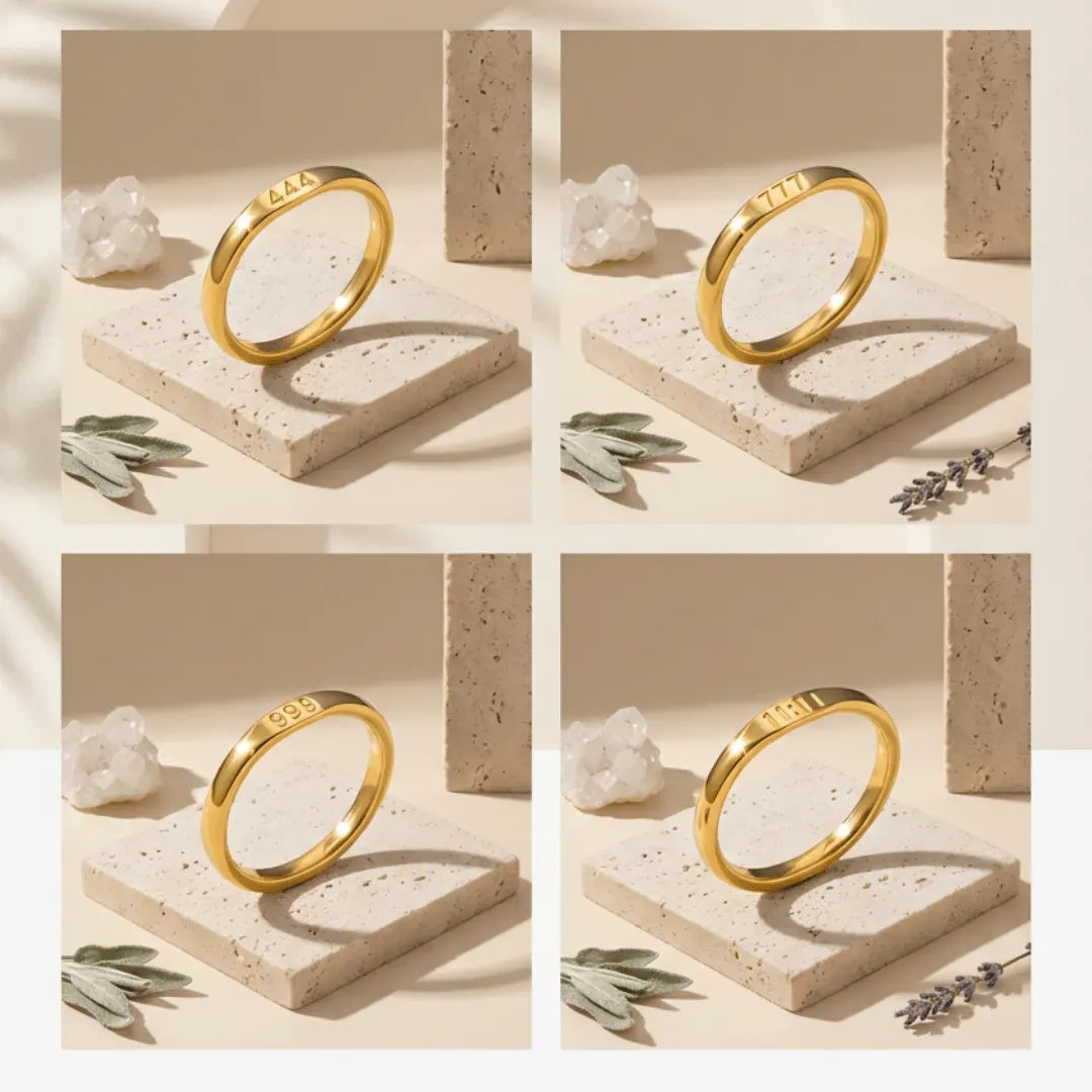 Collage of a gold ring on a textured beige surface with decorative elements.