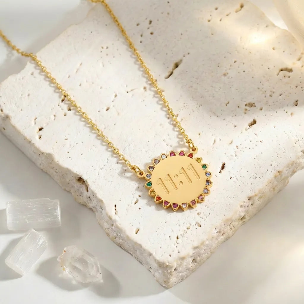 1111 Gold angel number round colorful pendant necklaces 