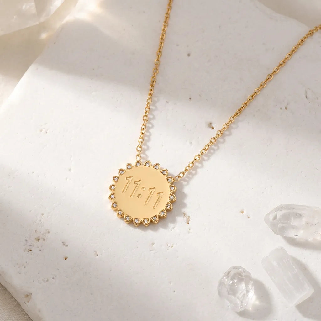 1111 Gold angel number round crystal pendant necklaces — stainless steel,  on white background