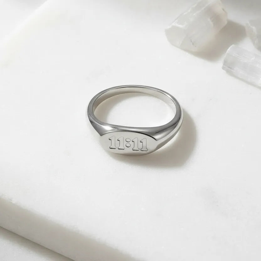 silver 11:11 angel number oval band rings — tarnish-free 316L stainless steel, sizes 5–9, 