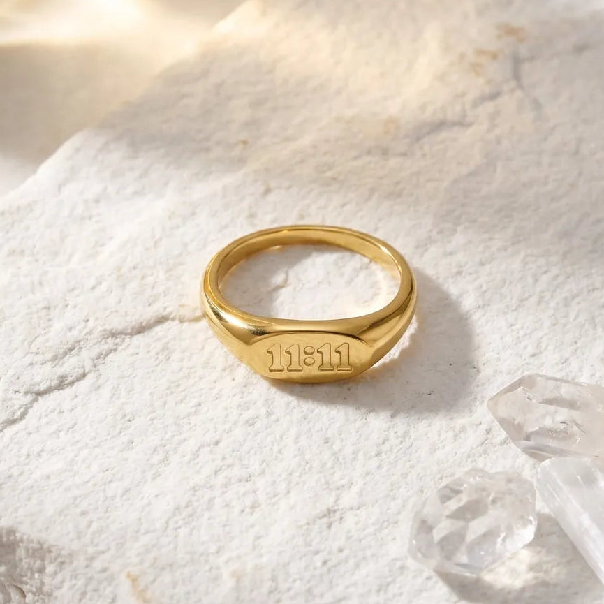 Gold 11:11 angel number oval band rings — tarnish-free 316L stainless steel, sizes 5–9 