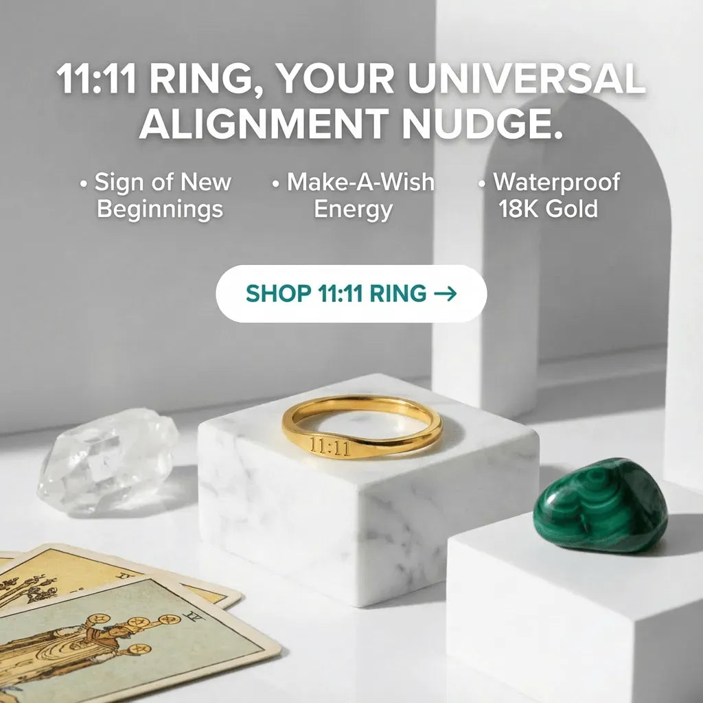 Gold ring on a marble stand with text about '11:11 Ring' on a white background