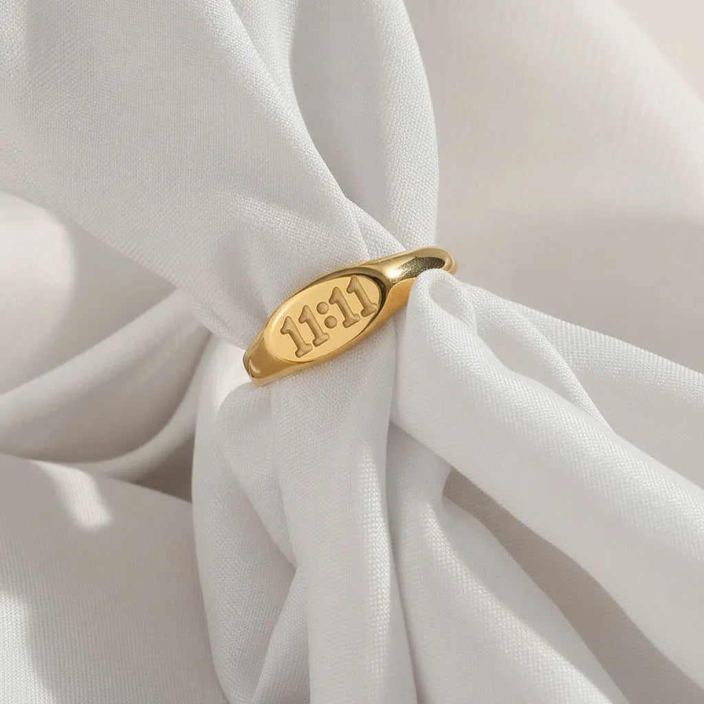 Gold 11:11 angel number oval band rings — tarnish-free 316L stainless steel