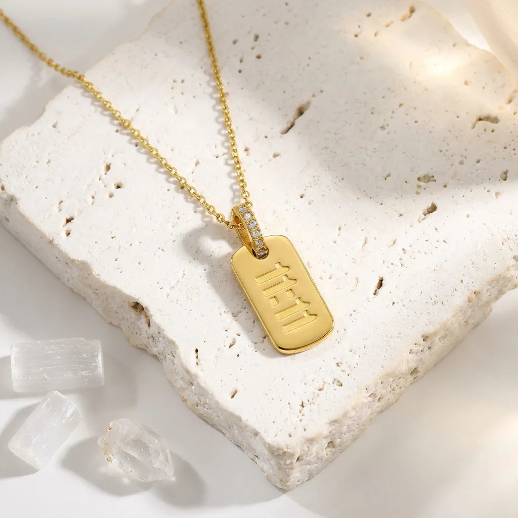 Gold 11:11 angel number medallion necklace with zircon crystals 