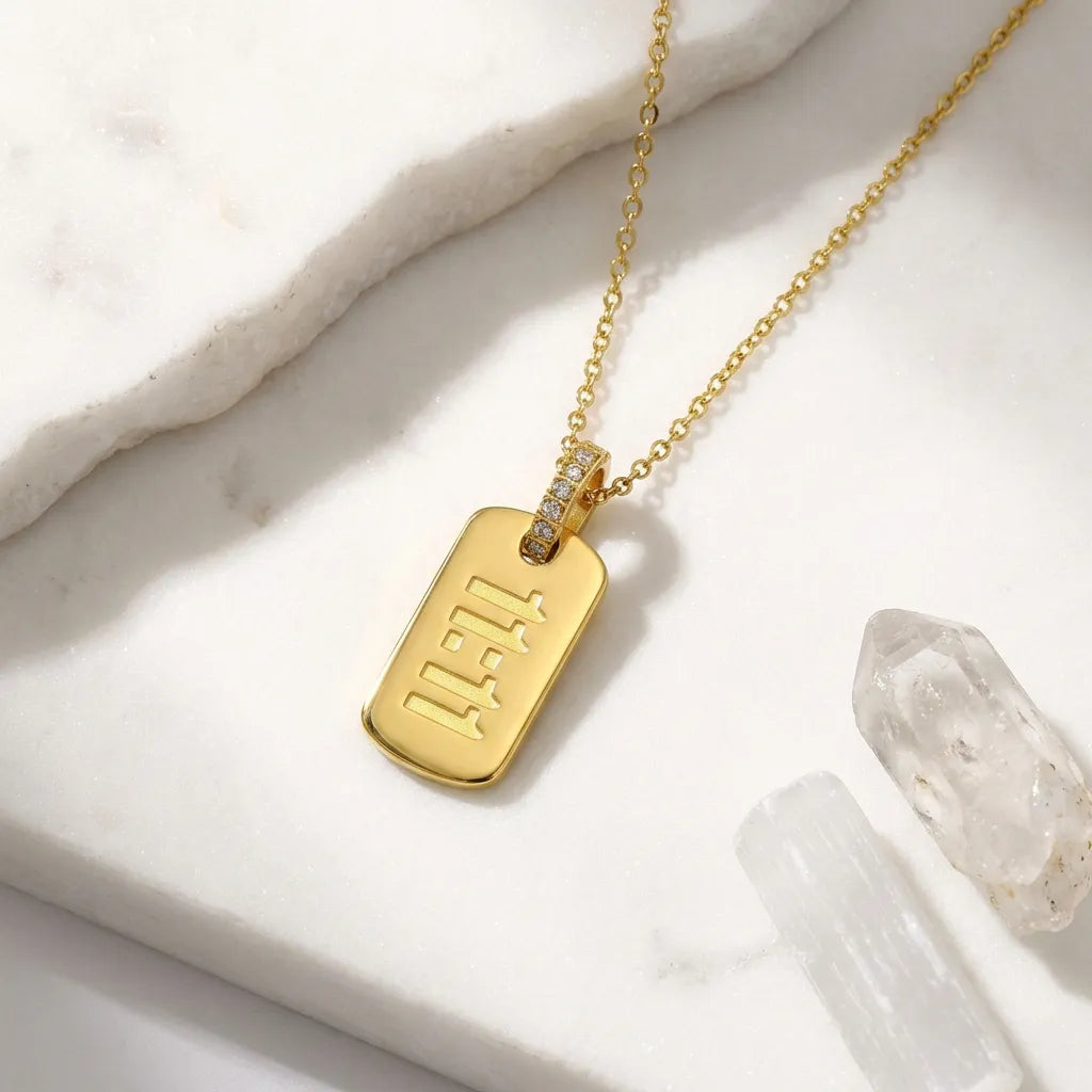 Gold 11:11 angel number medallion necklace with zircon crystals  