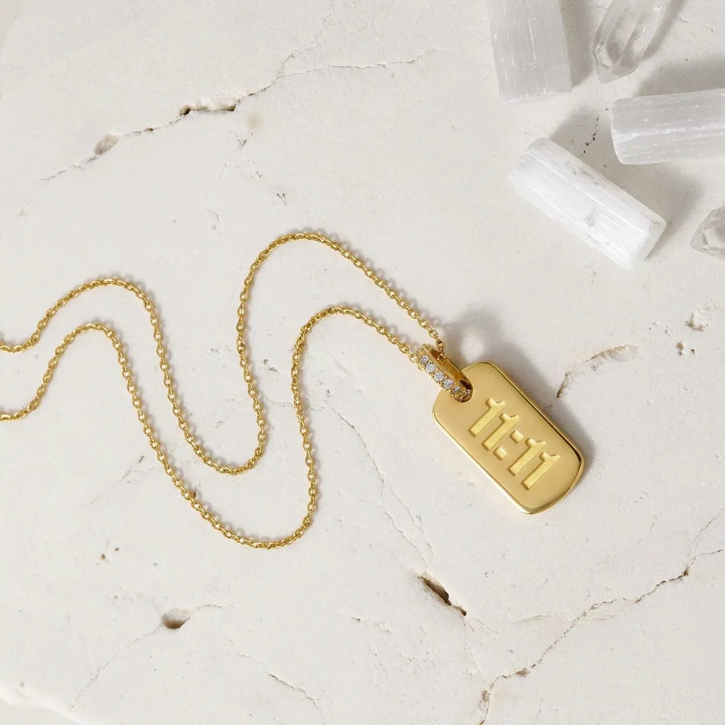 Gold 11:11 angel number medallion necklace with zircon crystals 