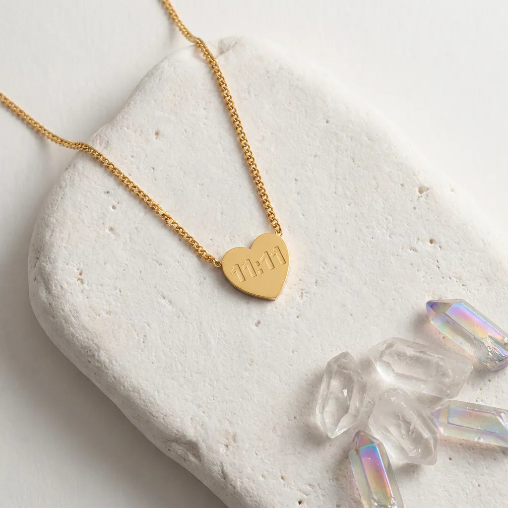 Gold 111 angel number necklace with a heart-shaped pendant on a white 
