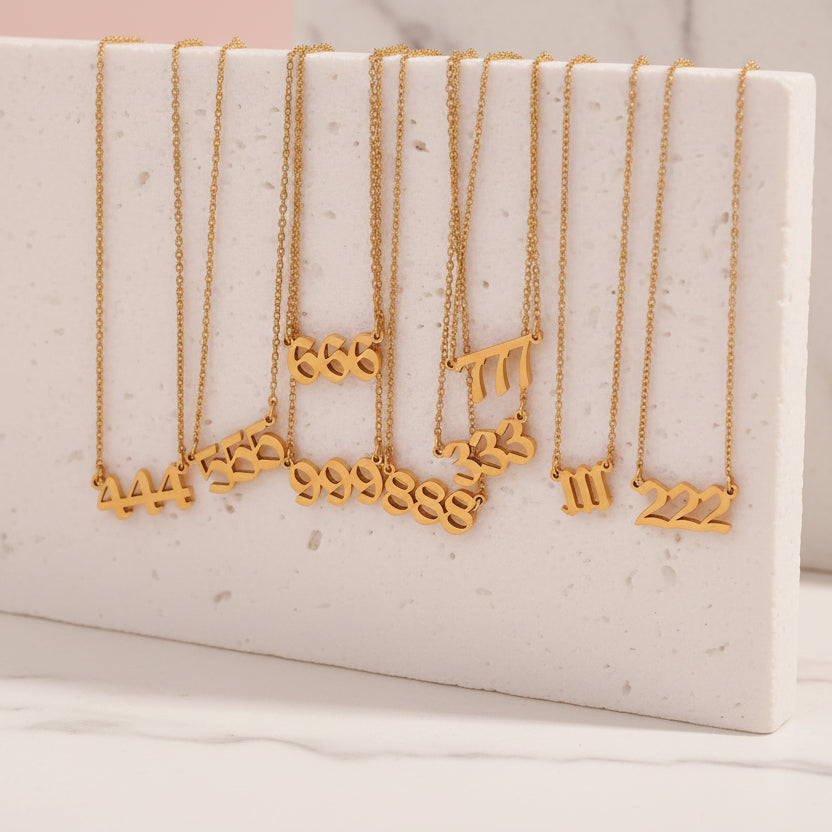 Gold stainless steel angel number necklaces — 111, 222, 333, 444, 555, 666, 888, 999 pendants  