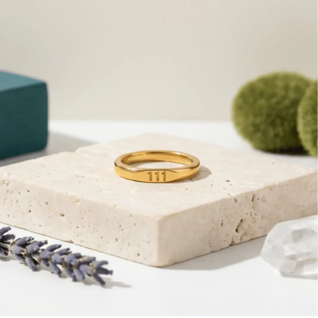 Gold ring with engraved numbers on a stone surface with lavender and greenery.