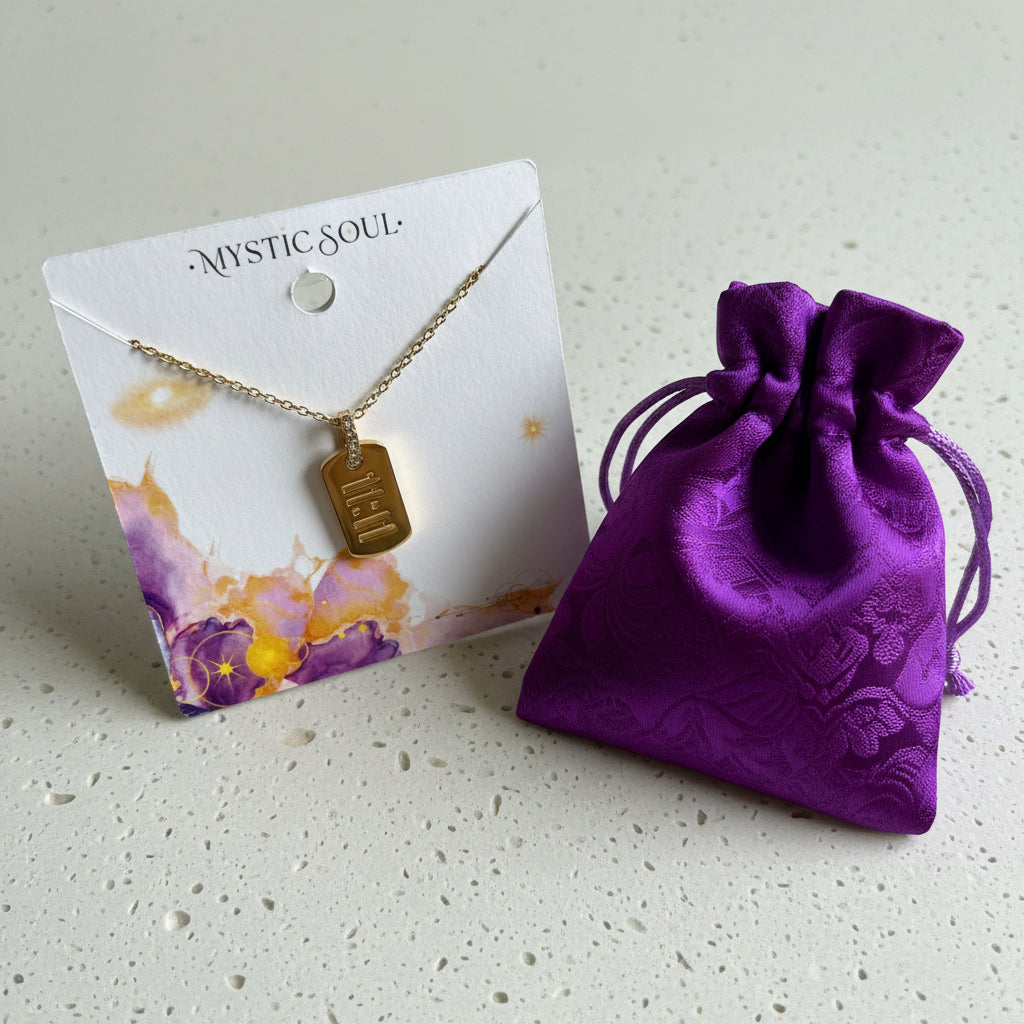 11:11 angel number medallion necklace on a Mystic Soul Jewelry card with gift bag and tag