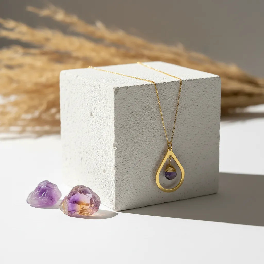 Gold amethyst drop necklace with a hand wire-wrapped faceted stone