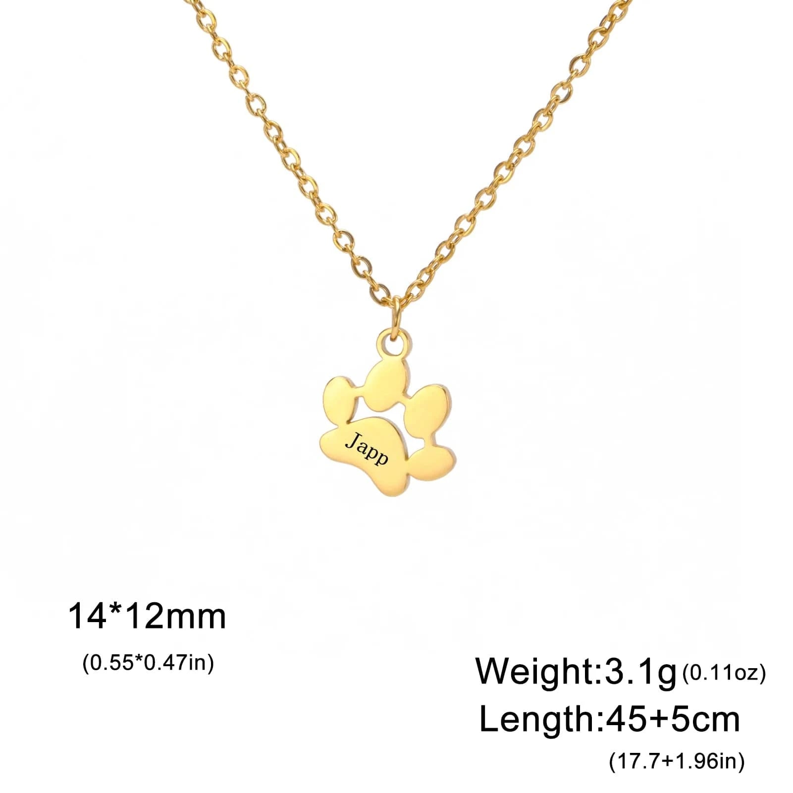 Gold necklace with a paw-shaped pendant on a white background