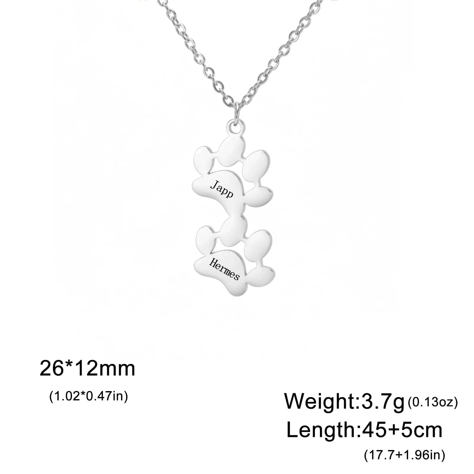 Silver necklace with paw-shaped pendants on a white background