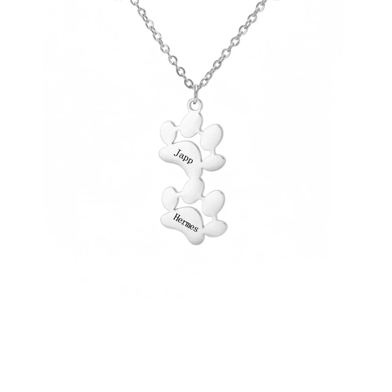 Silver necklace with paw-shaped pendants on a white background