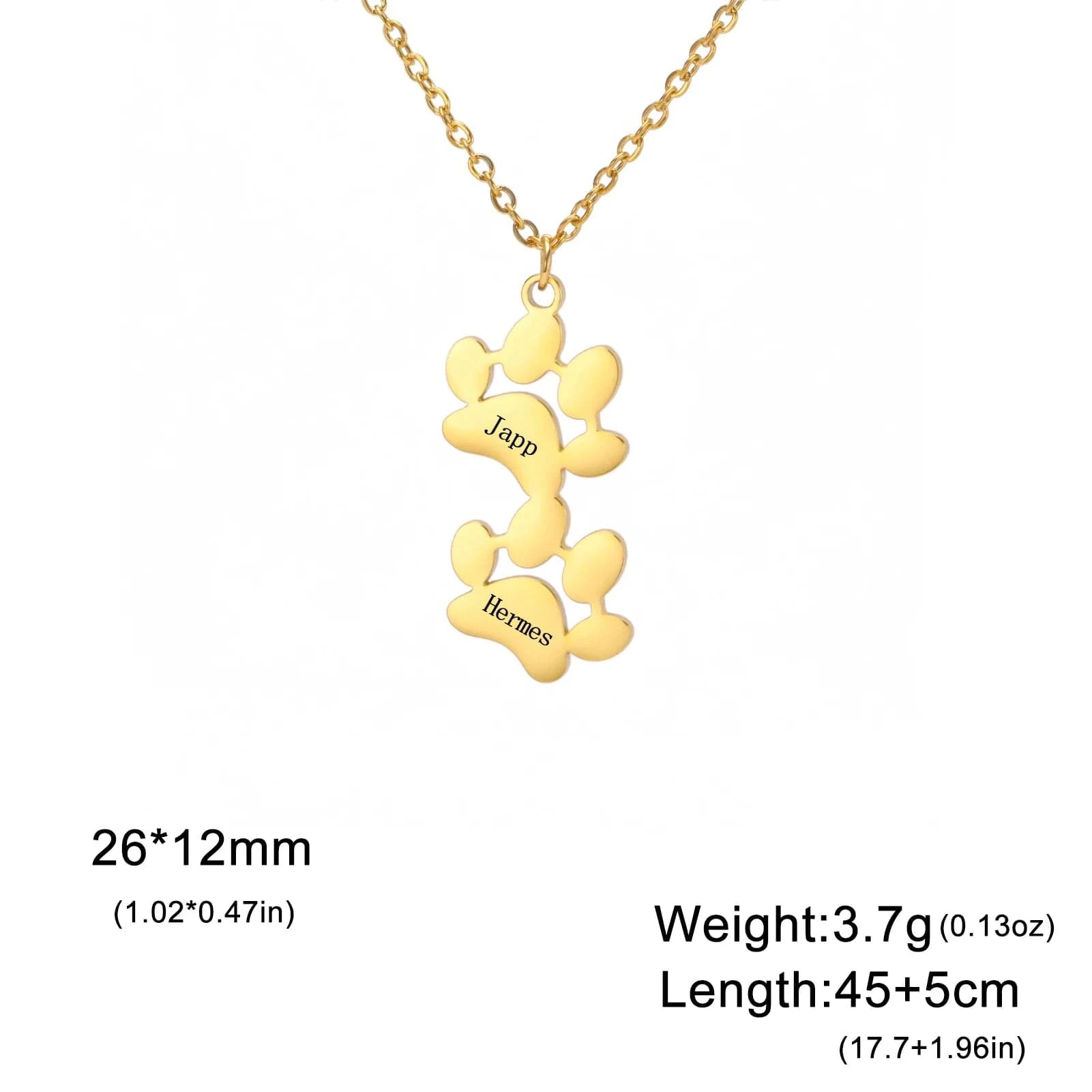Gold necklace with paw-shaped pendant on a white background
