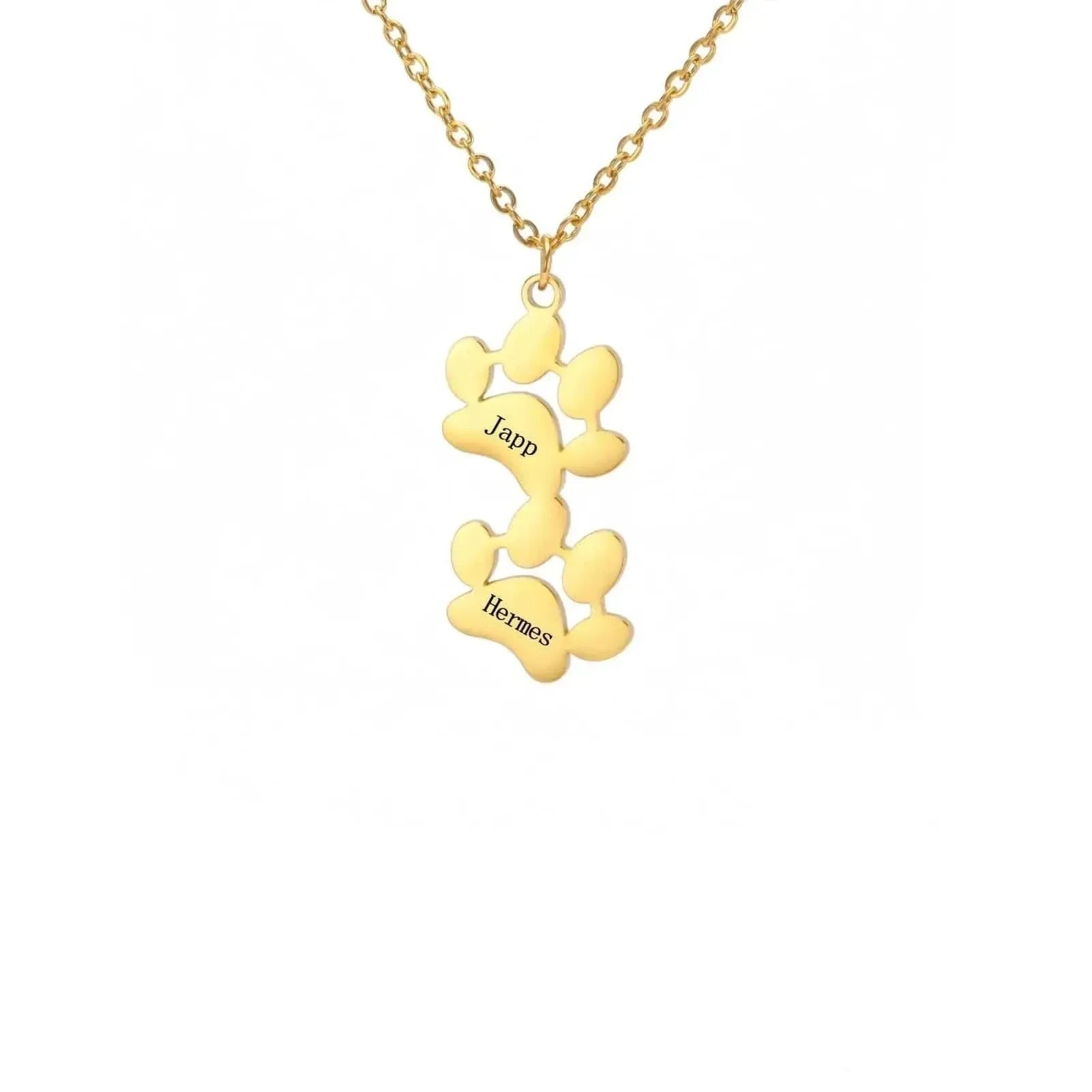 Gold necklace with paw-shaped pendant on a white background