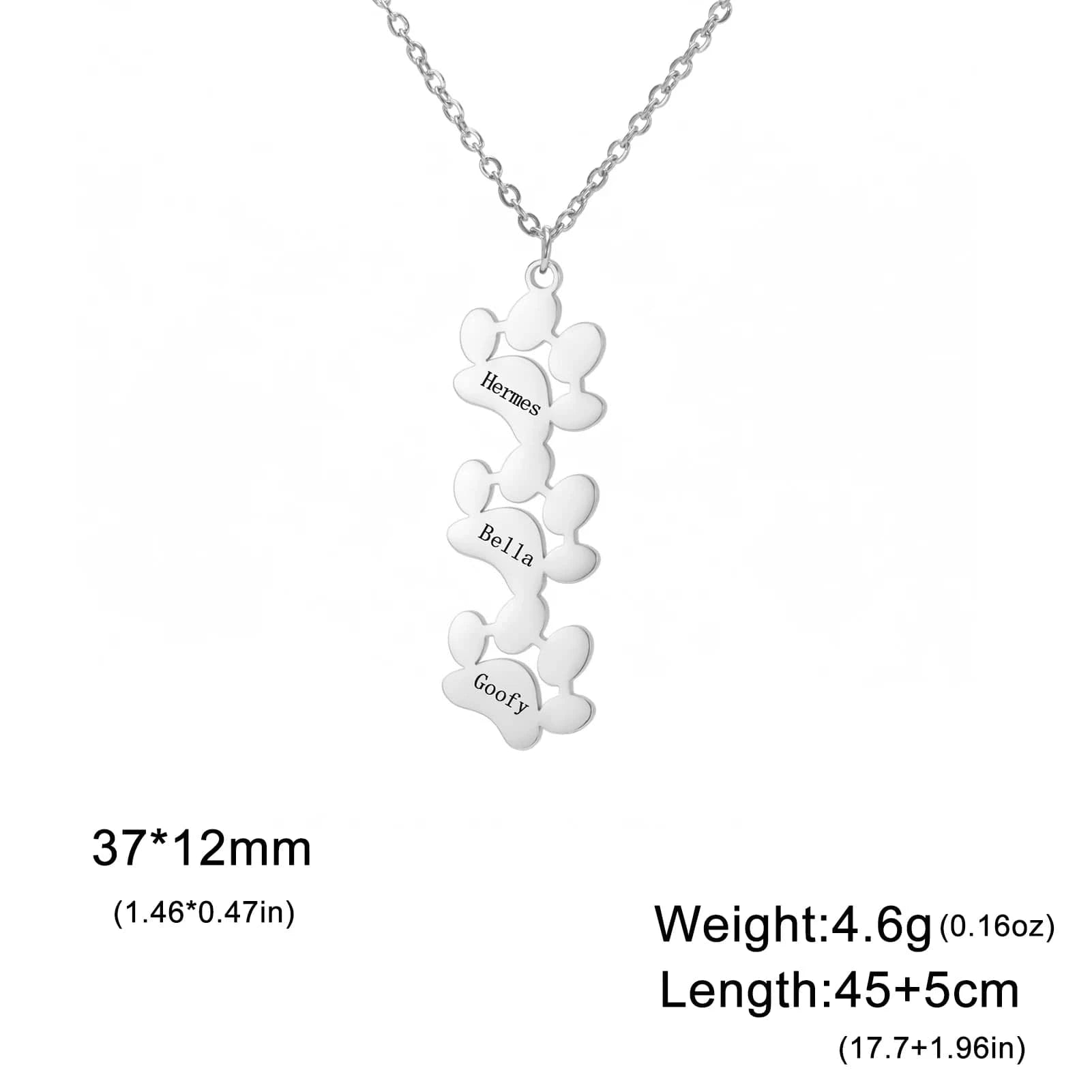 Silver necklace with paw print pendants and engraved names on a white background