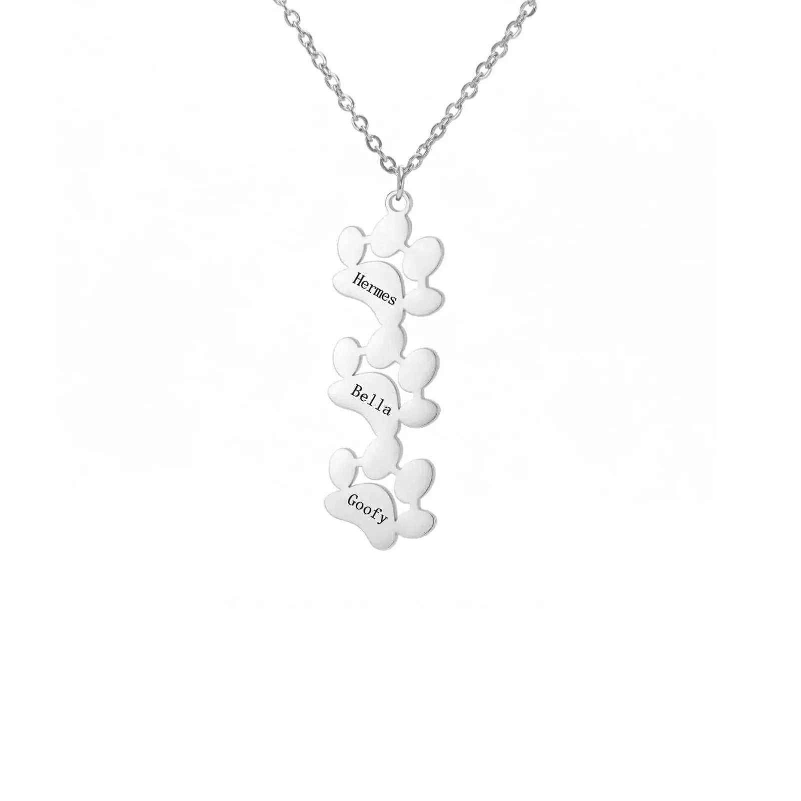 Silver necklace with paw print pendants and engraved names on a white background