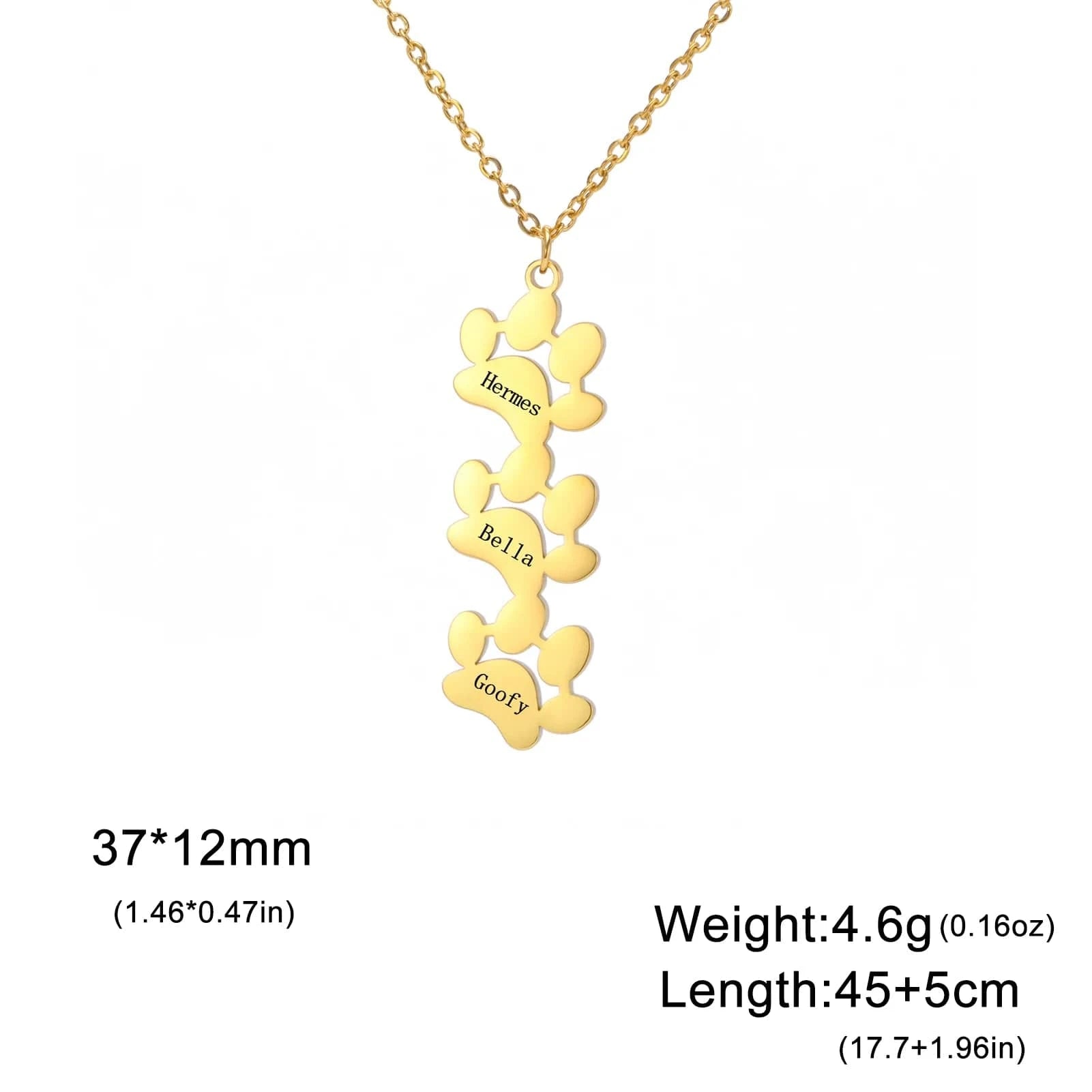 Gold necklace with paw print design and engraved names on a white background