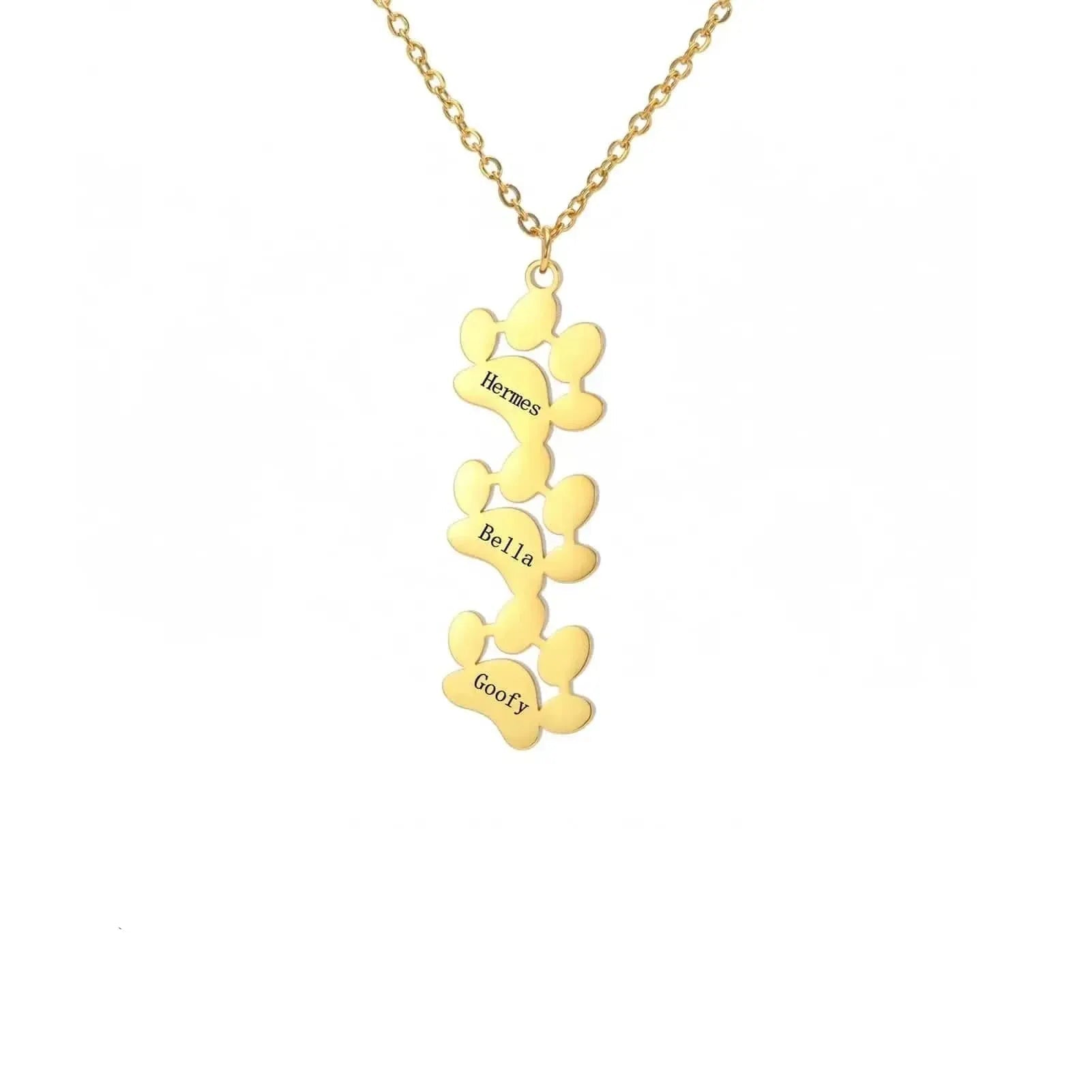 Gold necklace with paw print design and engraved names on a white background