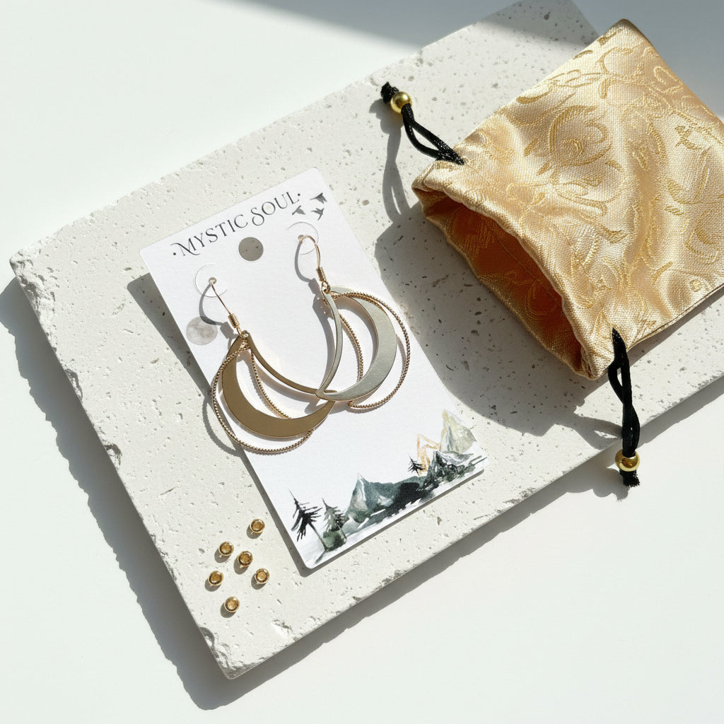 3D crescent moon statement earrings on a Mystic Soul Jewelry display card