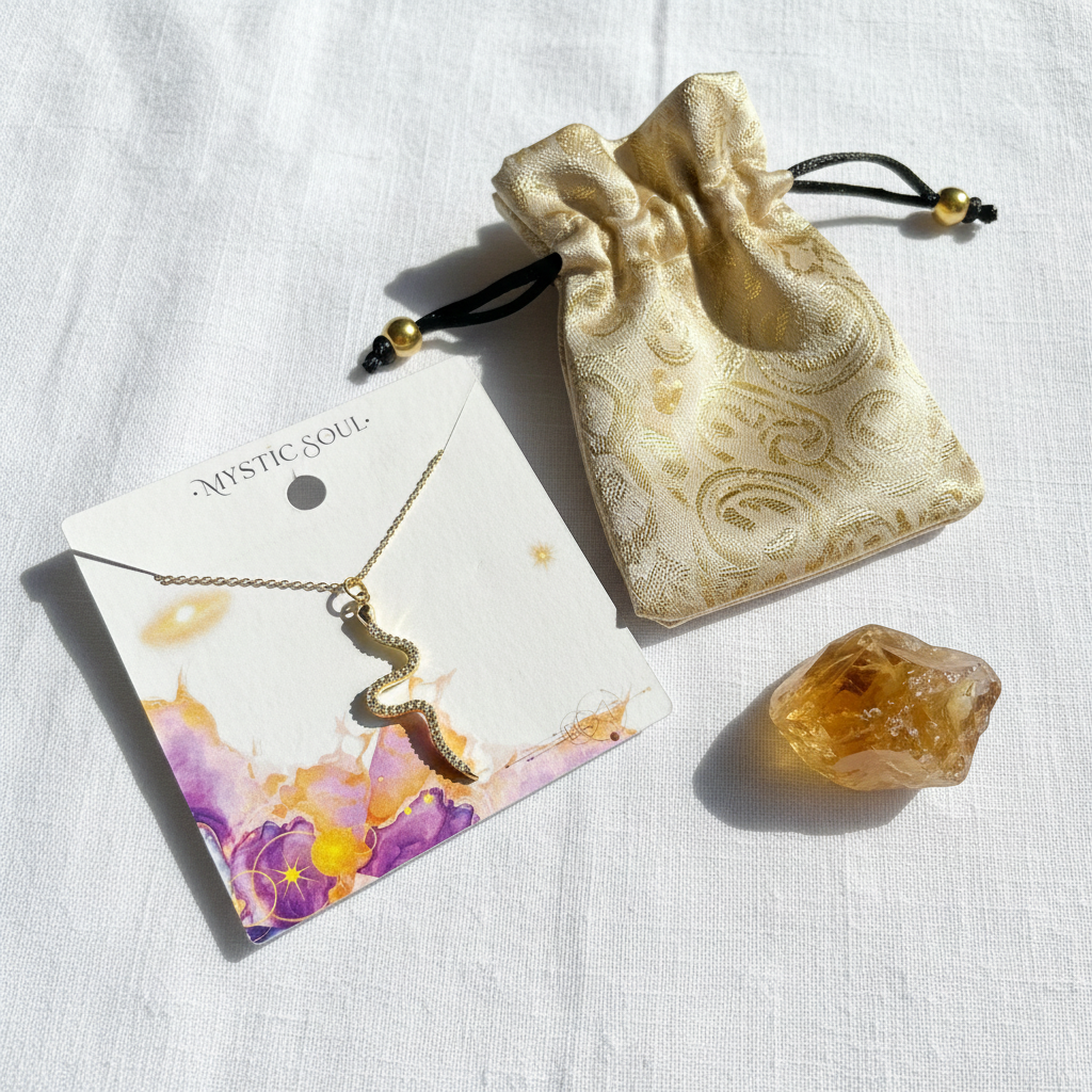 Gold snake pendant necklace detail — spirit animal jewelry for shedding the past
