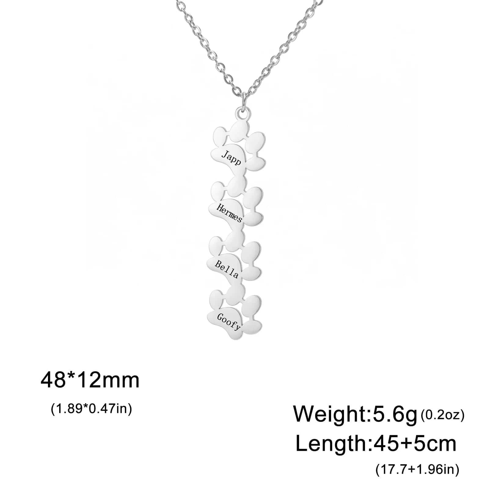 Silver necklace with paw prints and names on a white background
