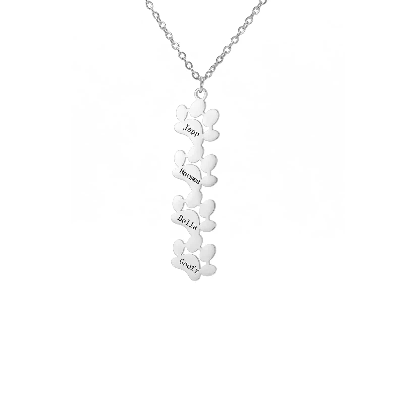 Silver necklace with paw prints and names on a white background
