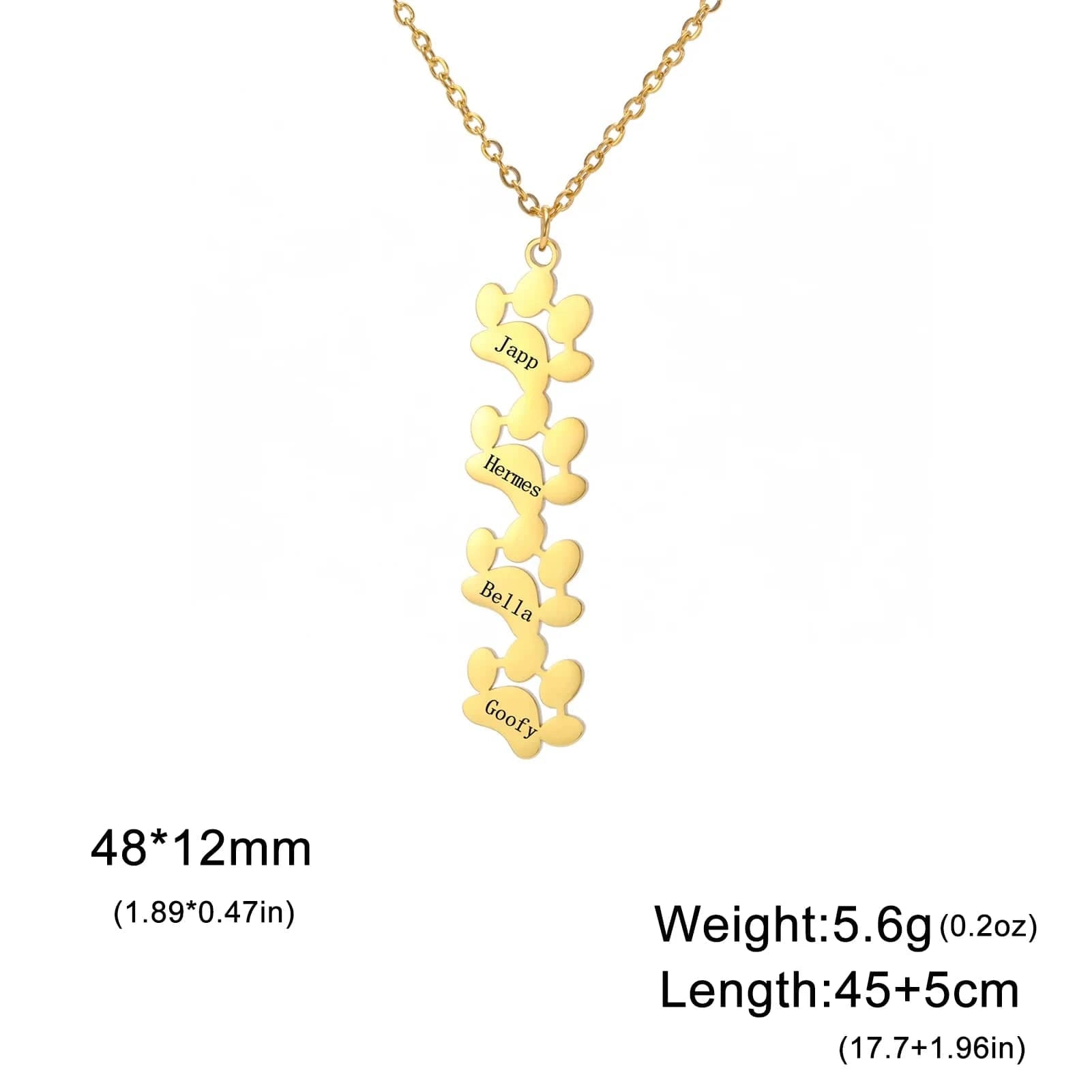 Gold necklace with paw prints and engraved names on a white background