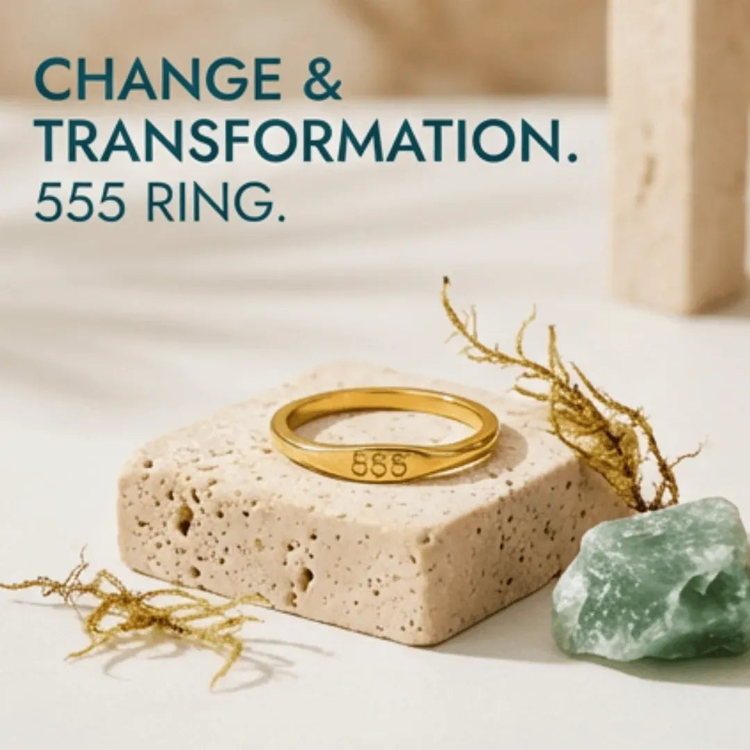 Gold ring with '555' on a stone block with text 'CHANGE & TRANSFORMATION. 555 RING.'