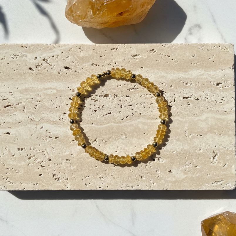 One-of-a-kind citrine rondelle bracelet with gold pyrite spacer beads, detail view