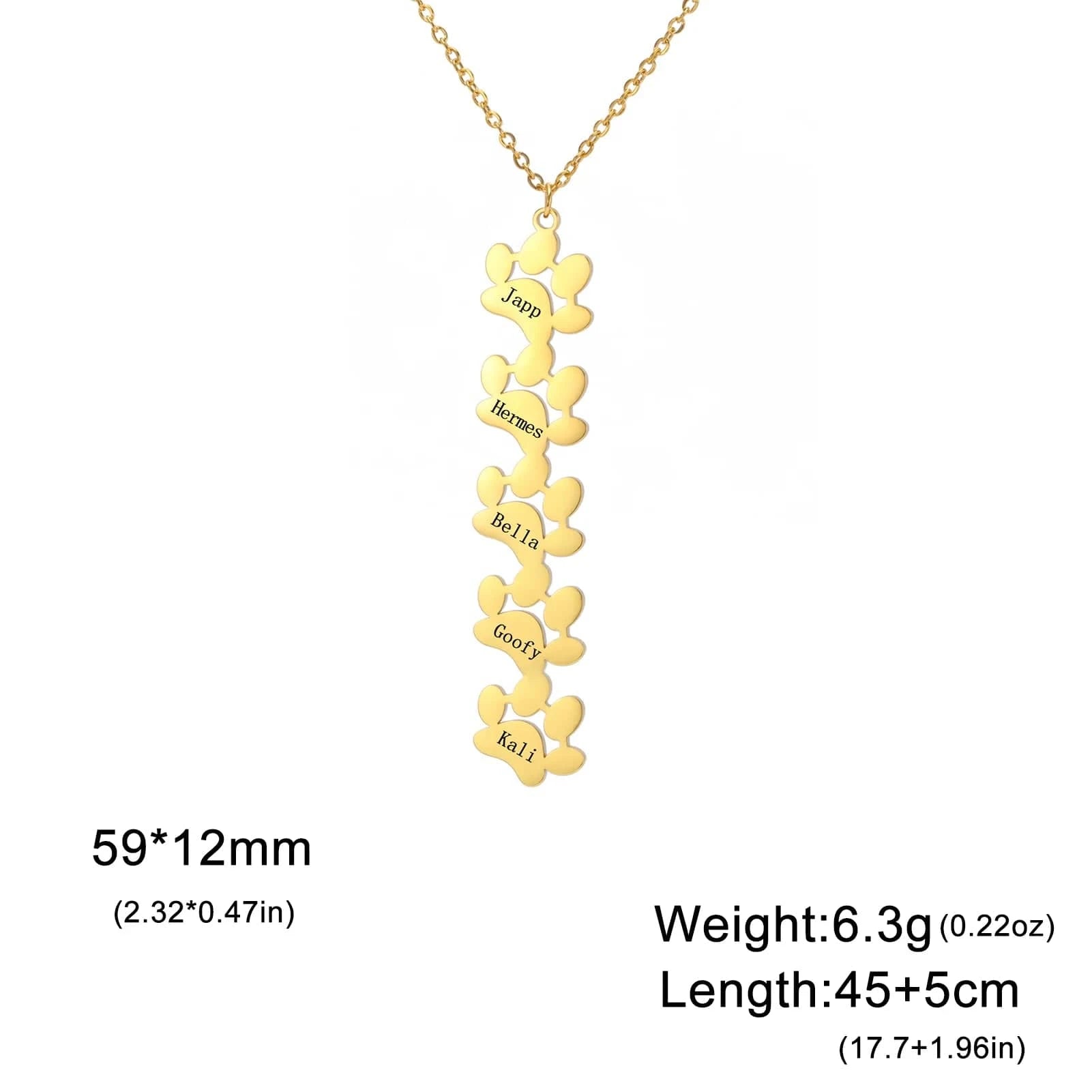 Gold necklace with heart pendants and engraved names on a white background
