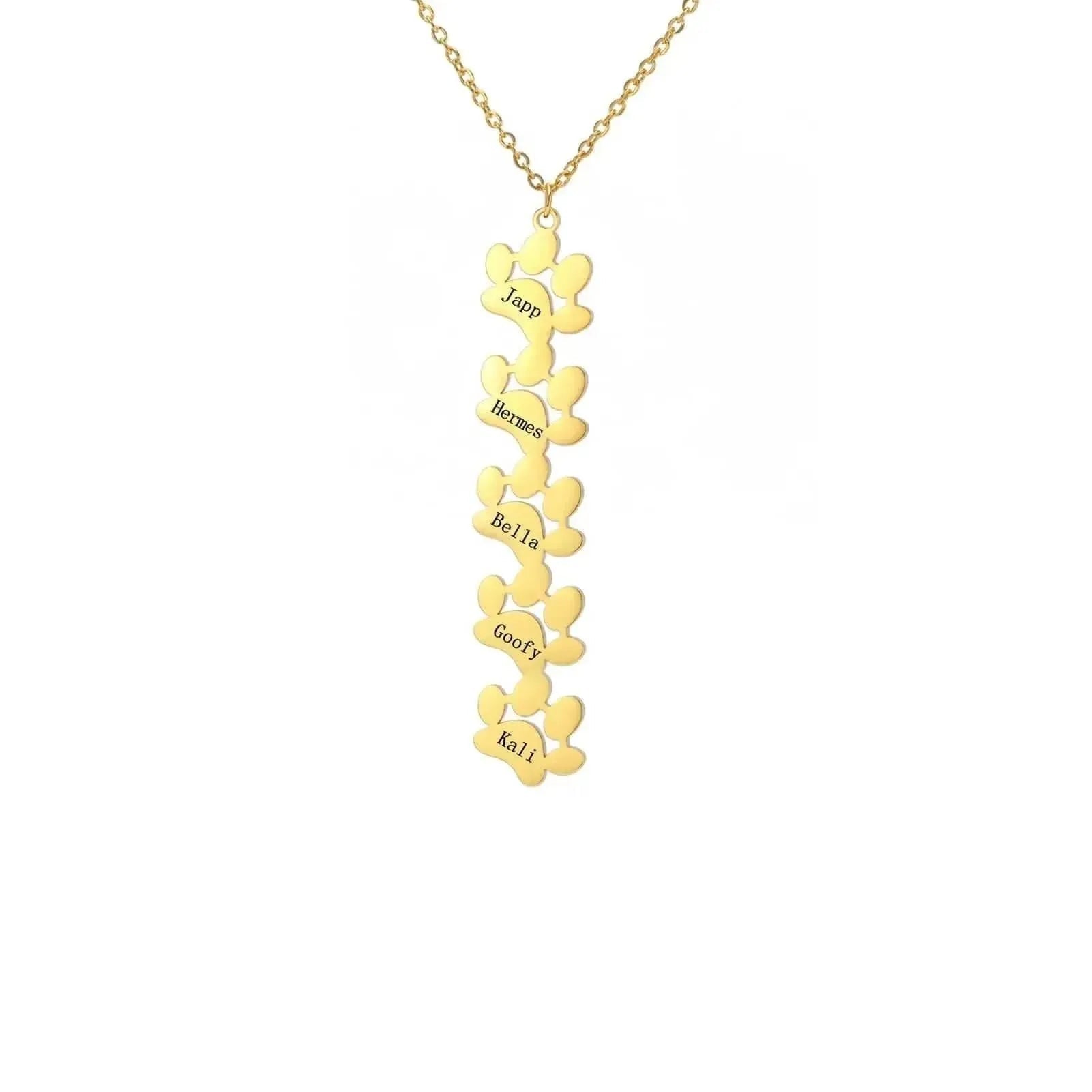 Gold necklace with heart pendants and engraved names on a white background