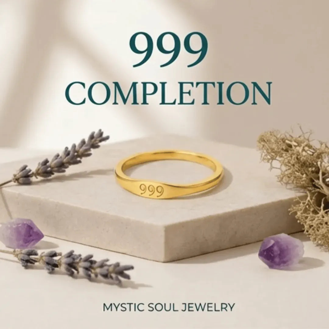 Gold ring with '999' engraving on a beige surface with lavender and amethyst stones, branded as Mystic Soul Jewelry.