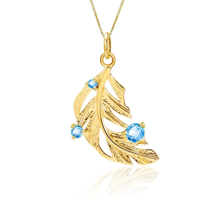 Peacock Feather Necklace Blue Topaz Gold Plated Sterling Silver