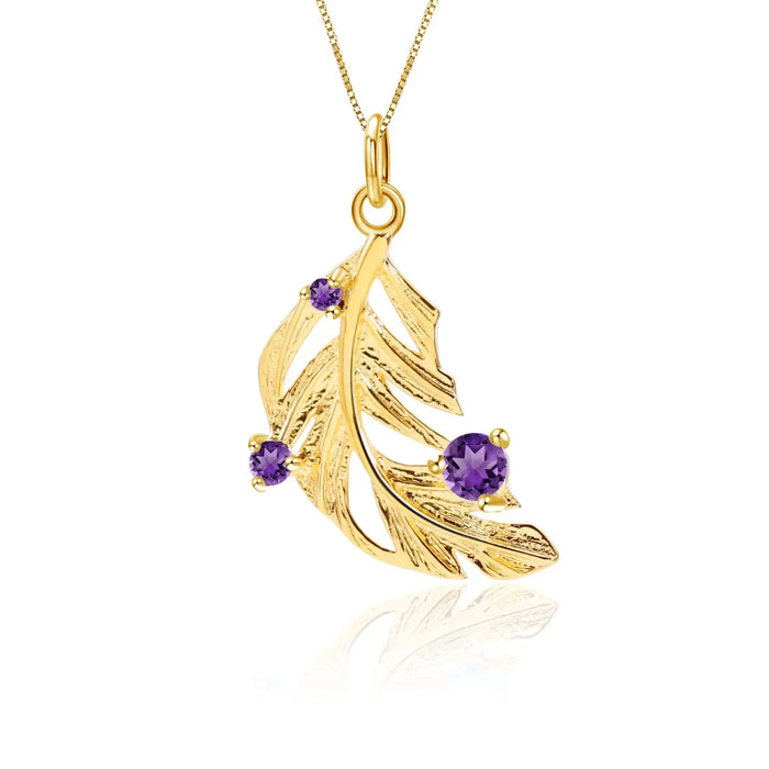 Peacock Feather Necklace Amethyst Gold Plated Sterling Silver