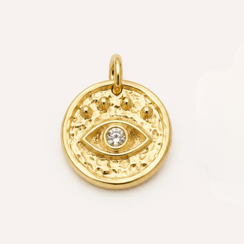 Third eye charm in silver plate, hammered disc with radiating dots