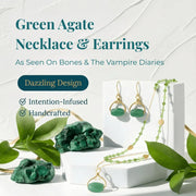 Green Agate Necklace and Earrings with green stones on a white background