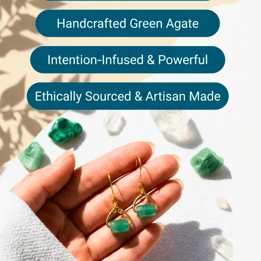 Handcrafted green agate earrings held in a hand with text about the product's features.