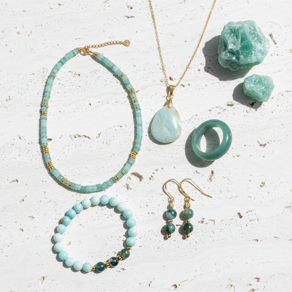 Amazonite gemstone jewelry group — pale blue-green amazonite necklaces and earrings in sterling silver