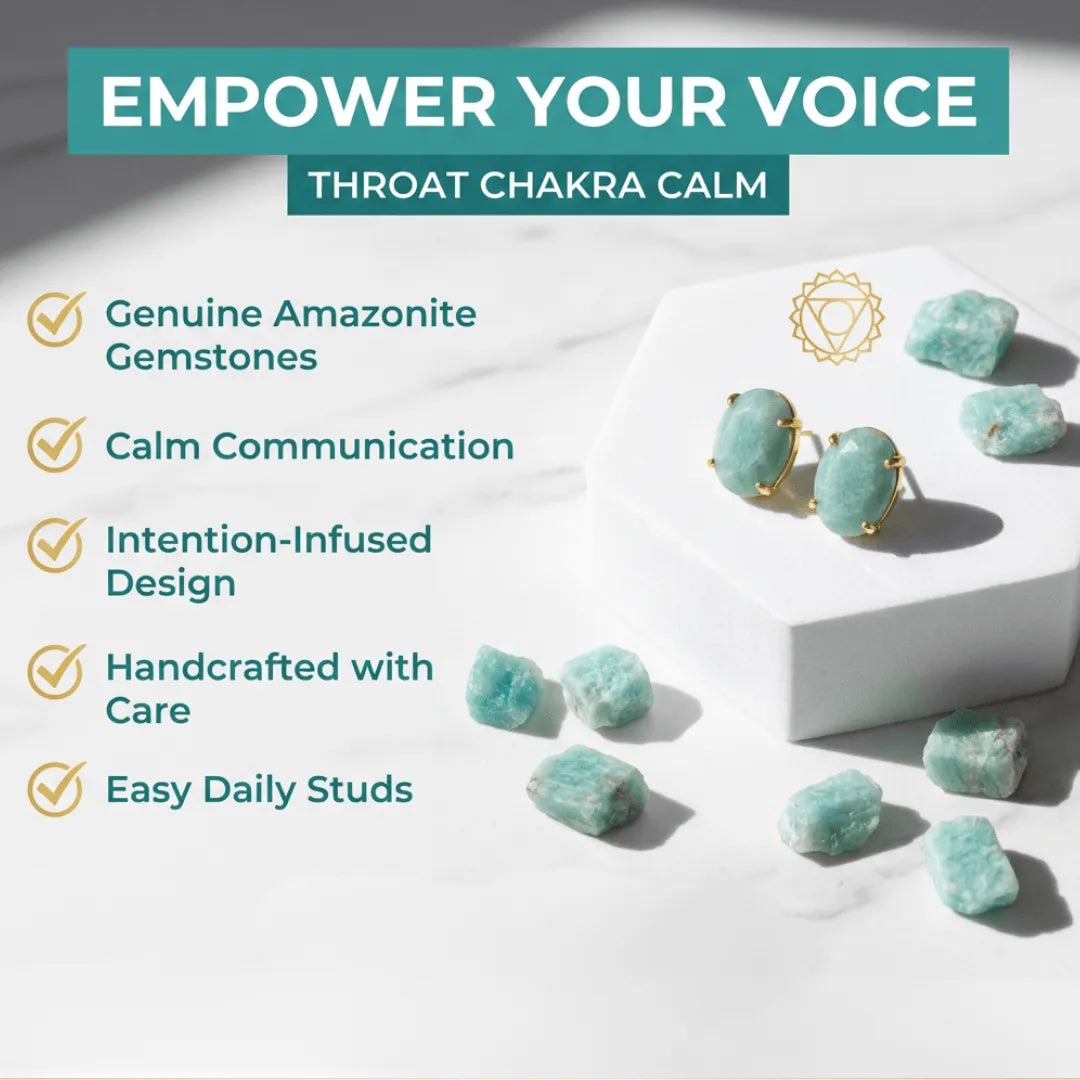Amazonite gemstones with jewelry on a white background, featuring text about product features.